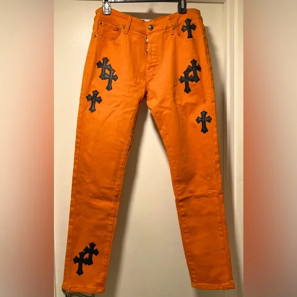 Men’s Jeans Chrome Hearts Orange Black Leather crosses New with tags